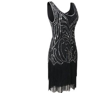 MESISAN 1920s Flapper Dresses V Neck Gatsby Bead Sequin Fringed